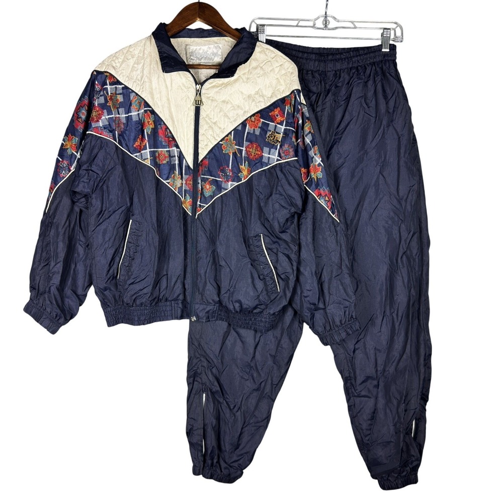 Vintage Wilson Tracksuit Women's Large Blue Floral Jacket Pants Nylon Retro 90s